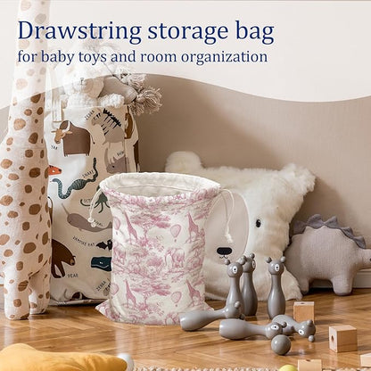 DSHFG Light Pink Drawstring Birthday Gift Bags, Safari Toile Chinoiserie Animals Baby Shower Drawstring Gift Bags Canvas, Pink and White Small Happy Birthday Bag, Gifts for Women, 10x13 Inch