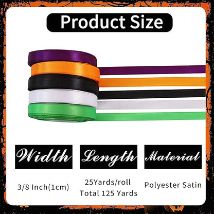 TONIFUL 5 Rolls Halloween Satin Ribbon - 3/8 Inch x 25 Yards Ribbon Set for Spooky Crafts, Costume Decor, Gift Wrapping,Bows Making, Home & Party Decoration (Purple, Orange, White, Black, Lime Green)