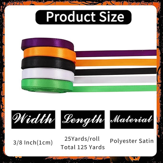 TONIFUL 5 Rolls Halloween Satin Ribbon - 3/8 Inch x 25 Yards Ribbon Set for Spooky Crafts, Costume Decor, Gift Wrapping,Bows Making, Home & Party Decoration (Purple, Orange, White, Black, Lime Green)
