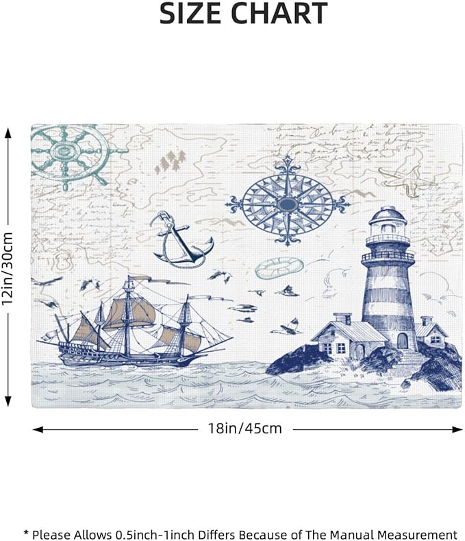 Nautical Placemats, Simple Hand Painted Blue Ocean Sailboat Map Lighthouse Compass Print Washable Fabric Placemats Table Kitchen Dining Party 12x18 Inch Set of 4