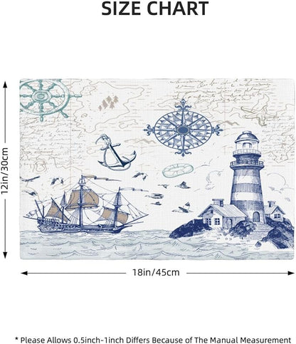 Nautical Placemats, Simple Hand Painted Blue Ocean Sailboat Map Lighthouse Compass Print Washable Fabric Placemats Table Kitchen Dining Party 12x18 Inch Set of 4