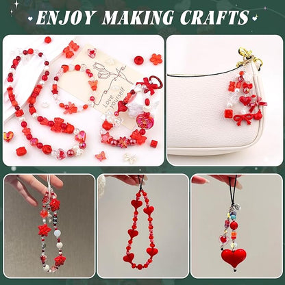 Assorted 200-260PCS Red Acrylic Beads for Bracelet Making, Flower Bow Candy GummyBear Bracelet Charms,Cute Beads for Jewelry Making DIY Necklace Keychain Phone Charm Christmas Gift