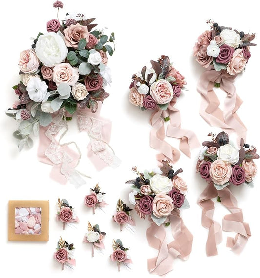 Ling's moment Wedding Artificial Flowers Package, Bridal Bouquet, Bridesmaid Bouquets, Boutonniere for Men, Rose Petals.Dusty Rose Muave