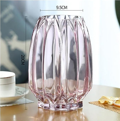 Pink Glass Vase Modern Ribbed Vase for Flowers, Candles, and Decorative Accents - Tall/Short Vases for Centerpieces Home Table Decor(Purple Pink H8.0inch)