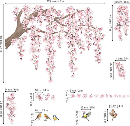 decalmile Large Pink Flower Tree Branch Wall Decals Cherry Blossom Tree Floral Birds Wall Stickers Living Room Bedroom Tv Background Wall Decor