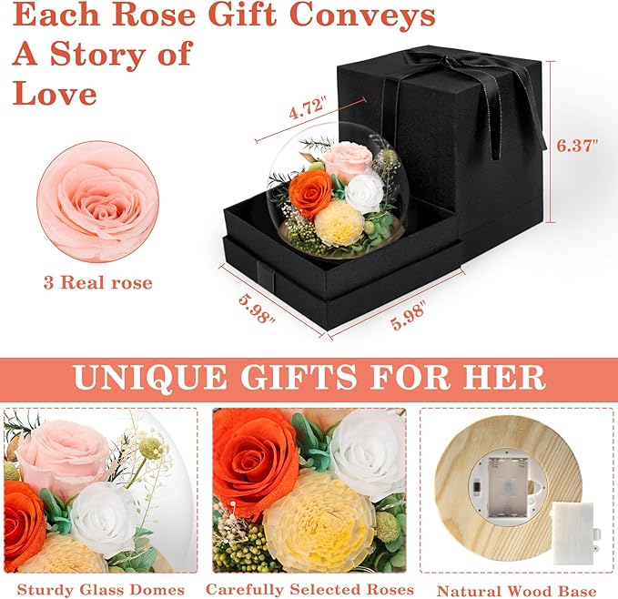 FIACO Preserved Rose Birthday Gift for Women Forever Fresh Flowers for Prime Delivery Gift for Mom Grandma Wife Valentines Mothers Day Christmas Anniversary Eternal Roses in Glass Dome