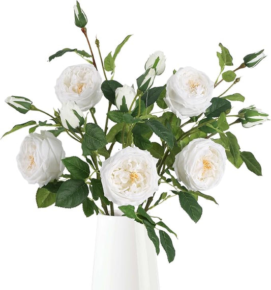 Real Touch White Austin Roses Peonies Artificial Flowers 4 Bouquets Latex Fake Peonies with Long Stem Realistic Faux Peony for Wedding Party Home Table Centerpieces Decorations (White)