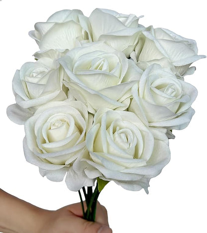 FagusHome 30 Pcs Silk Rose Artificial Flowers Roses Bulk Bouquet Fake Flowers Rose Heads with Stems for Home Wedding Decor (White)