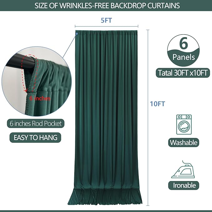 30x10ft Wrinkle Free Hunter Green Backdrop Curtain for Parties Soft Fabric Drapes Wedding Dark Green Curtain Backdrop for Birthday Party Decorations Background for Photography 5x10ft,6 Panels