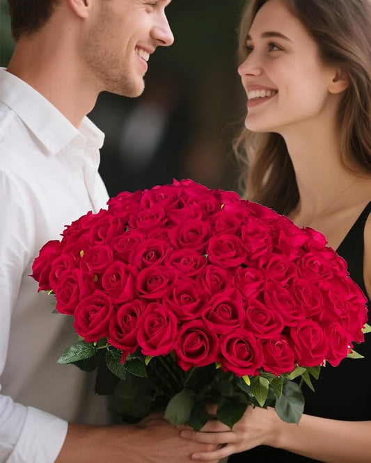 LFF Premium Artificial Classic Red Roses - 50Pcs Realistic Velvet Faux Roses with Long Stems for Wedding Bouquets, Centerpieces, Proposals & Home Decor(Red)