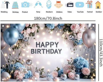 Blue Pink Happy Birthday Backdrop Banner Floral Balloon Photography Background Elegant Birthday Decorations Party Supplies Photo Booth Props 71x43 Inch