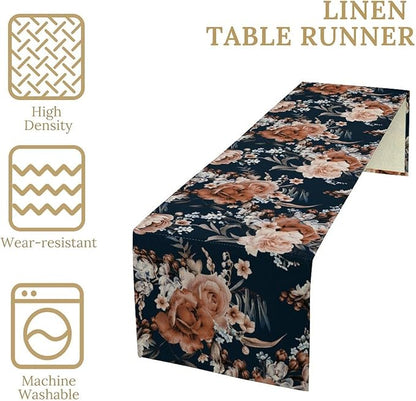 Vintage Flower Table Runner, Boho Black Dark Floral Plant Bohemian Watercolor Spring Garden Botanical Art Table Cover for Holiday Farmhouse Kitchen Dining Table Decor, 13x90inch