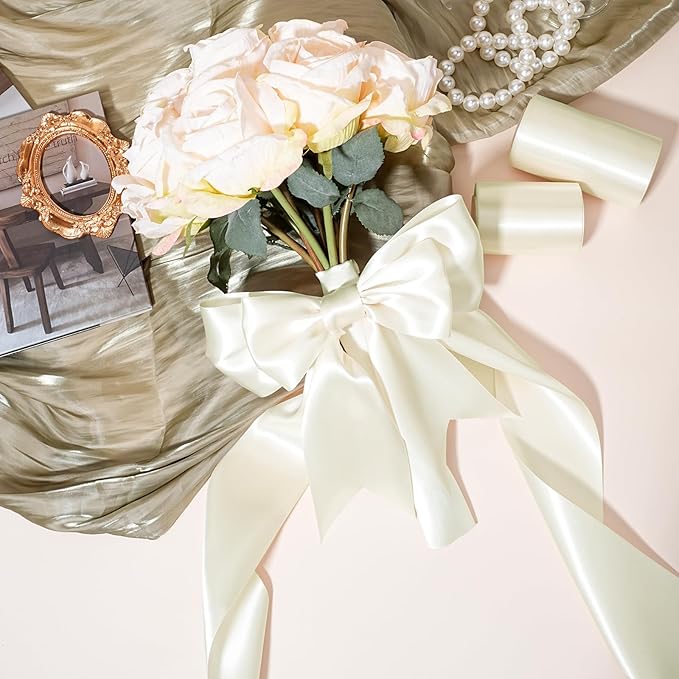 LaRibbons Ivory Satin Ribbon 4 Inch x 10 Yards Double Faced Luxury Silk Ribbon for Christmas Gift Wrapping, Holiday Bows, Christmas Wreath Sash Wedding Decorations and Party Crafts