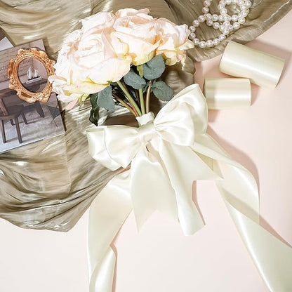 LaRibbons Ivory Satin Ribbon 4 Inch x 10 Yards Double Faced Luxury Silk Ribbon for Christmas Gift Wrapping, Holiday Bows, Christmas Wreath Sash Wedding Decorations and Party Crafts