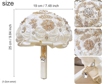 Handmade Satin Rose Floral Bling Pearl Decor Bridal Wedding Bouquet Rhinestone Pendant Artificial Brooch Flowers for Bride Bridesmaid Quinceanera