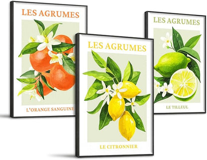 SERIMINO Fruit Botanical Wall Art for Kitchen, Lemon Prints Framed Canvas Wall Decor for Floral Dining Room Farmhouse, Watercolor Paintings Room Decor Aesthetic 3 Piece Set, 16"X24"