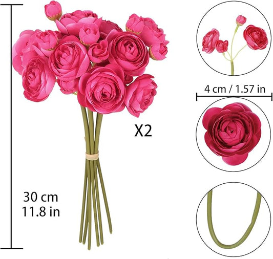 IPOPU Hot Pink Flowers Artificial Ranunculus 2Bouquets Silk Flowers with Stems 12PCS Mini Fake Flowers for DIY Wedding Bouquet Bridal Shower Decorations Floral Filler Flowers Centerpieces (Hot Pink)