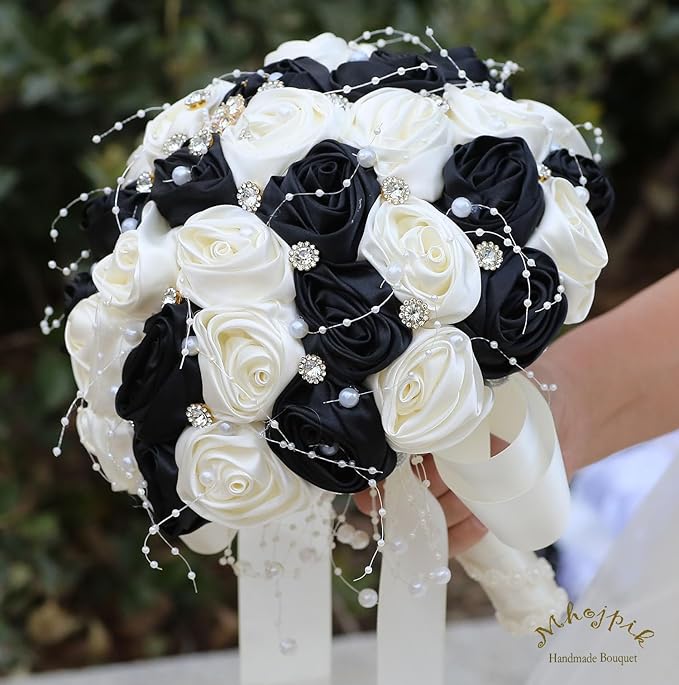 Bridal Wedding Bouquet Round Bling Brooch Bouquet Throw Toss Artificial Rose Flower Bunch for Bride Bridesmaid Wedding Quinceanera(Black & Ivory, 6.3")