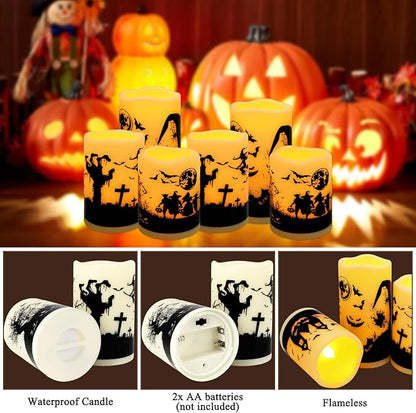 A Set of 6 Halloween-Themed LED flameless Candles, Featuring a timed Remote Control and Halloween-Themed Atmosphere Patterns, Perfect for Trick-or-Treating LED Candles，Halloween Spooky.