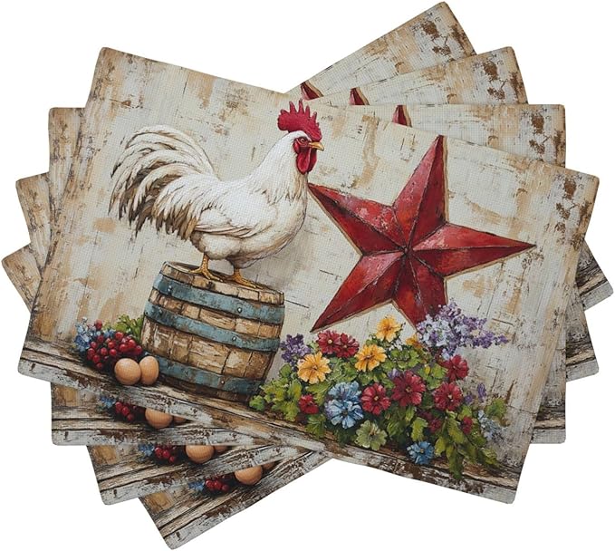Farmhouse Chicken Placemats Set of 4 Washable Table Retro Rooster Heat-Resistant Cotton Linen Place Mats for Dining Table Kitchen Indoor Outdoor Party Holiday Decor