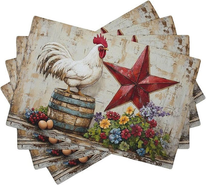 Farmhouse Chicken Placemats Set of 4 Washable Table Retro Rooster Heat-Resistant Cotton Linen Place Mats for Dining Table Kitchen Indoor Outdoor Party Holiday Decor