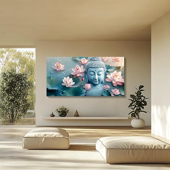 Iallbin Buddha Wall Art & Zen Wall Decor, White Lotus on Water Canvas Painting - for Yoga Meditation Room, Spa & Bathroom, Blue Art Deco Style, 48x24 Inches