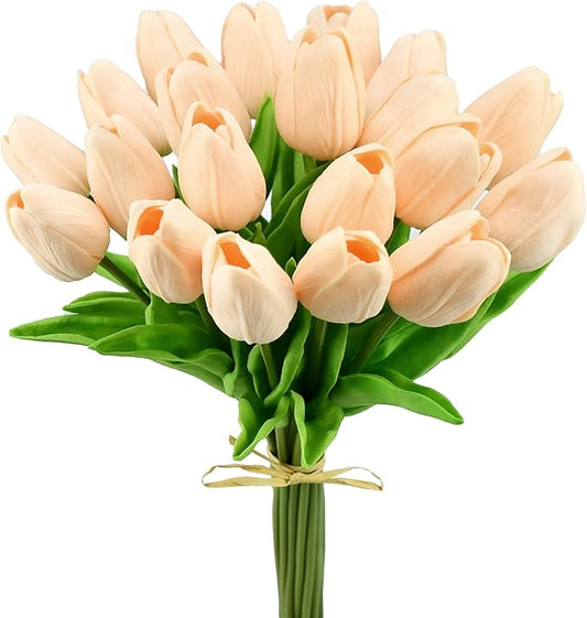 Mandy's Artificial Tulips 20 Stems Champagne PU Faux Flowers for Thanksgiving and Christmas Decorations Wedding Home Decor 13.5 Inch