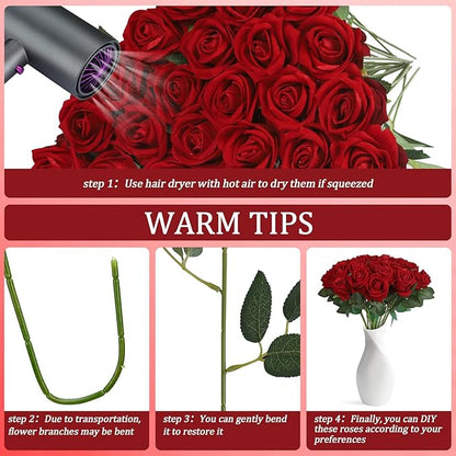 30pcs Fake Roses Artificial Silk Flowers Long Stems Bouquet for Wedding Bridal Shower Party Home Decoration (Burgundy)