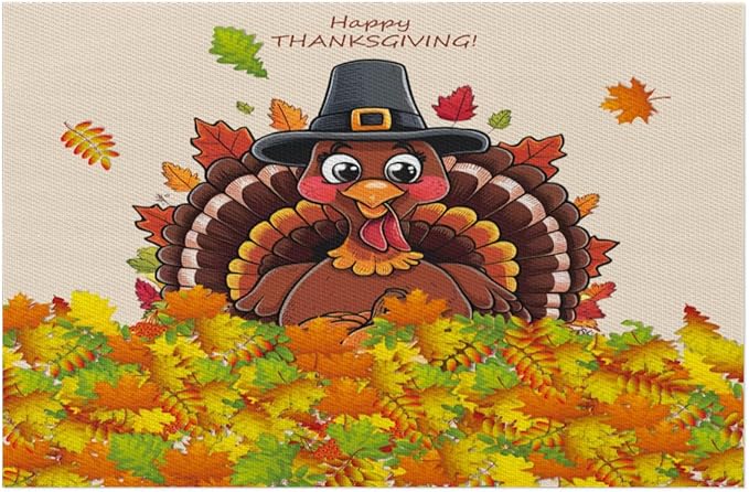 Thanksgiving Leaf Turkey Placemats Set of 4 PVC Vinyl Non Slip Table Mats Heat Resistant Place Mats Washable Wipeable Dining Table Mat for Kitchen Decor Party Indoor Outdoor Decorative Gift