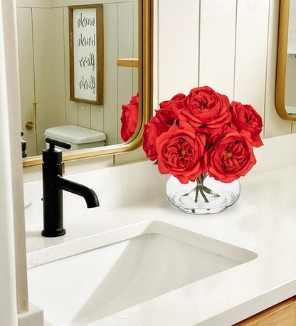 Hollyone Red Roses Peonies Artificial Flowers with Glass Vase Silk David Austin Roses Faux Flowers Arrangements with Clear Faux Water in Vase Fake Peonies Rose Peony Floral Bulk Bouquet Home Decor