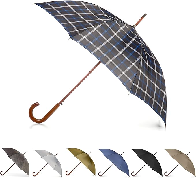Totes Eco Auto Open Umbrella Classic Wooden J Stick Handle with Easy Grip - Windproof, Rainproof and Durable Canopy Design – Versatile Travel, Perfect for Rainy Days