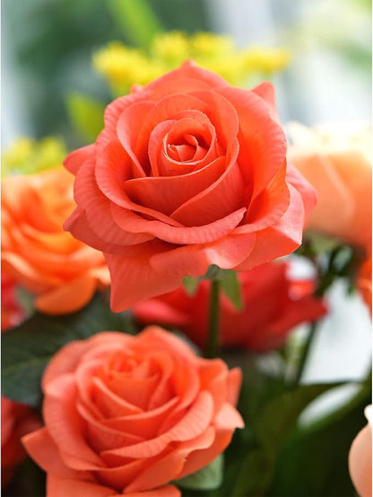 FiveSeasonStuff Coral Orange Artificial Roses Real Touch Silk Flowers with 12 Stems Wedding Bridal Bouquet Home Décor