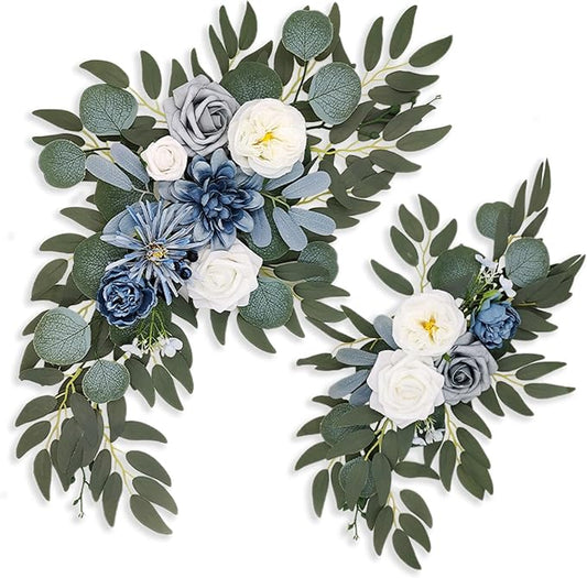 Blue White Wedding Arch Flowers, Faux Flower Swag Set of 2, Blue White Floral Swag for Wedding Arch Welcome Signs, Reception Ceremony Signs Decor