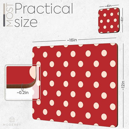 Set of 4 Heat Resistant Cork Placemats for Dining Table with Free Set of 4 Matching Drink Coasters Cream & Red Polkadot Design 16 x 12 Inches Cork Backed Hard Placemats (Red Polkadot)