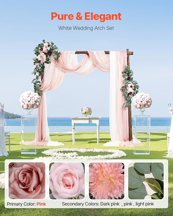 VEVOR Artificial Wedding Arch Flowers Kit, Pink Wedding Arch Flowers with Drapes Kit (Pack of 5) - 2 Pcs Floral Arrangement, 3 Pcs Sheer Drapes, for Ceremony Bouquets Reception Backdrop Decoration