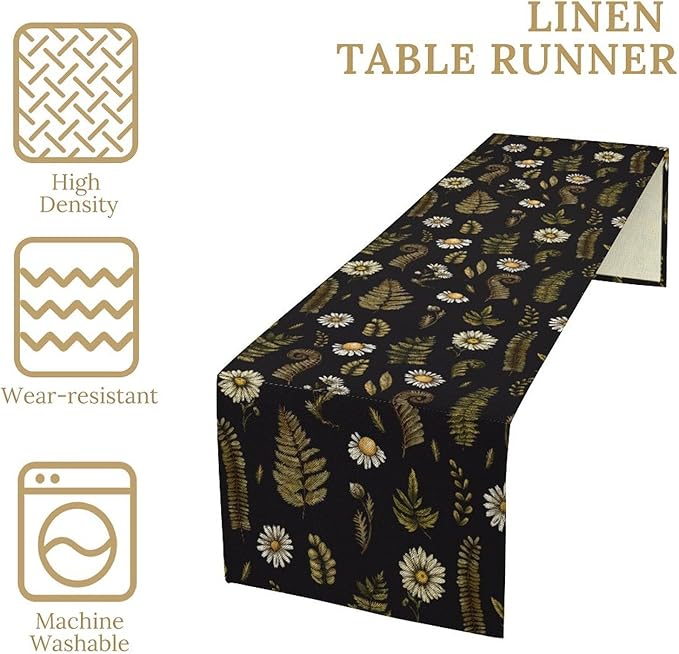 Vintage Daisy Flower Table Runner, Rustic Forest Green Plants Leaves Wild Floral Ferns Print Holiday Kitchen Dining Coffee Table Decoration for Home Indoor Outdoor Party, 13x36inch
