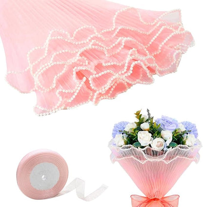 Cftone 4 Yards Pearl Edge Flower Wrapping Mesh Paper with 3/5 inch Organza Ribbon 50 Yard Gift Wrap Ribbon, Bouquet Transparent Mesh Wrapping Paper for Mother's Day Valentine's Day Wedding Graduation Birthday Gift (Champagne Pink with 50 Yard Pink Ribbon)