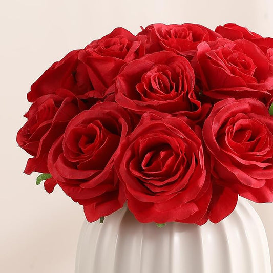 Veryhome Artificial Flowers Silk Roses Fake Bridal Wedding Bouquet for Home Garden Party Floral Decor 10 Pcs (Red Curved stem)
