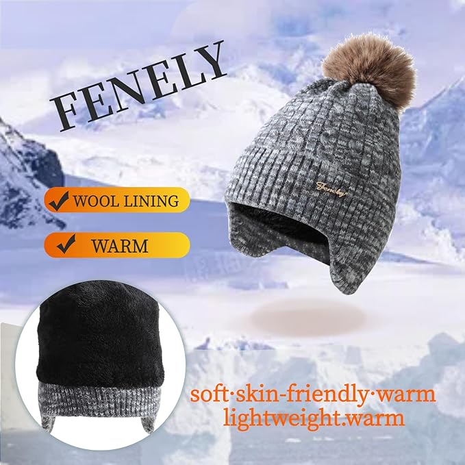 FENELY Women's Knitted Warm Beanie Winter Hat, Warm Chunky Snow Hat with Pompom