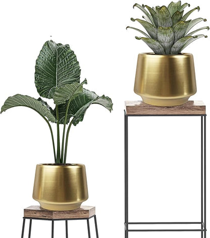 Gold Indoor Plant Pot 7 Inch Large Ceramic Planter With Drainage Hole - Modern Brass Flower Pot Centerpiece Vase - Decorative Greenery Potted for Indoor Plants