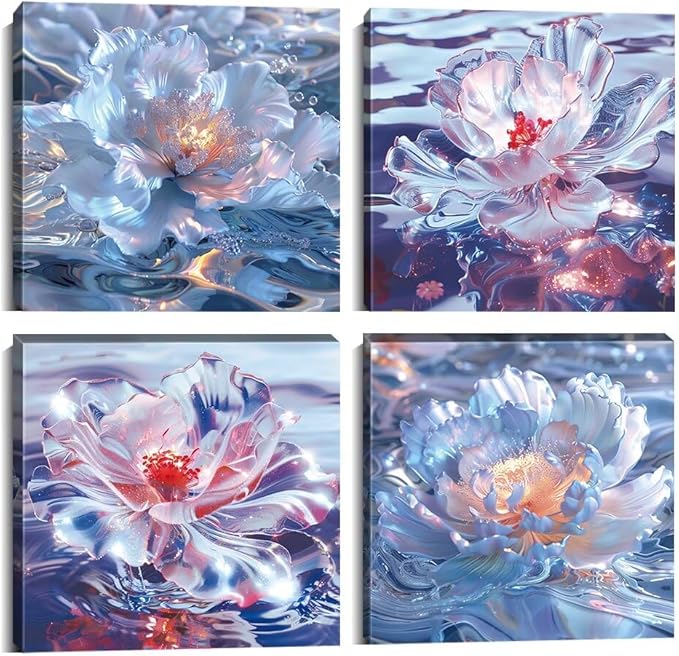 Pankila Abstract Canvas Flowers Wall Art Floral Poster White Red Flower Wall Decor Life Pictures for Living Room Bedroom Bathroom Home Decorations Framed Artwork Ready to Hang (16''W x 16''H x 4)