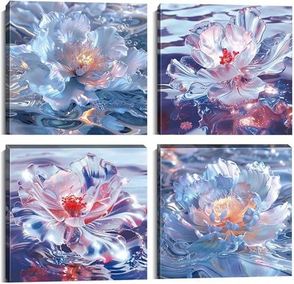 Pankila Abstract Canvas Flowers Wall Art Floral Poster White Red Flower Wall Decor Life Pictures for Living Room Bedroom Bathroom Home Decorations Framed Artwork Ready to Hang (12''W x 12''H x 4)