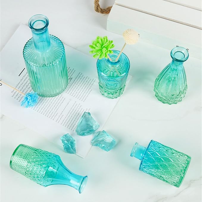 5Pieces Embossing Glass Vases Set Gradients Small Flower Buds Vases for Home Decors and Centerpieces Floral Arrangements