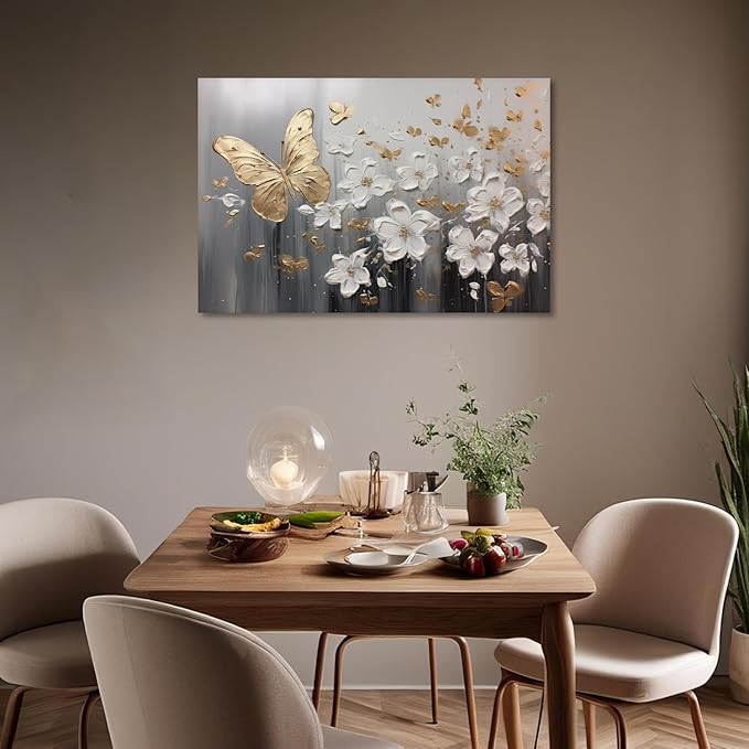 KPLUNDO Glod Butterfly Wall Art White Flower Canvas Prints Wall Decor Gray Poster Landscape Picture Modern Artwork Home Decor for Office Living Room Bedroom Bathroom Decoration(Art-1,12.00x18.00 inch)