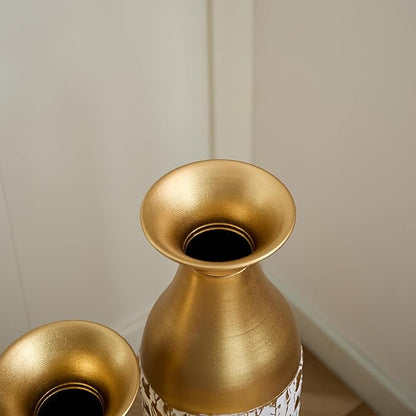 Gilded White 3D Relief Flower Metal Vase Set of 3, Elegant Tall Cylinder Vases for Home Decoration, Modern Gold & White Decorative Floor Vases for Living Room or Entryway