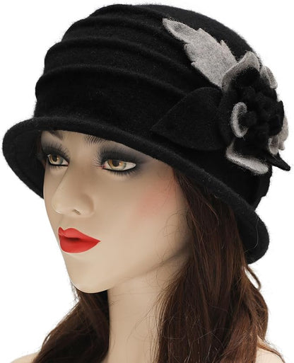 ZLYC Women Wool Cloche Bucket Hat 1920s Vintage Dress Winter Hats with Flower Accent