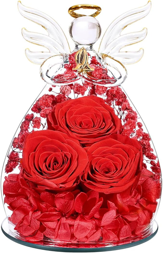 Beferr Christmas Birthday Gifts for Women, Mom Gifts for Christmas Fresh Flowers for Delivery Prime Forever Preserved Rose in Glass Angel Figurine Xmas Gifts for Grandma Wife Sister Her, Red