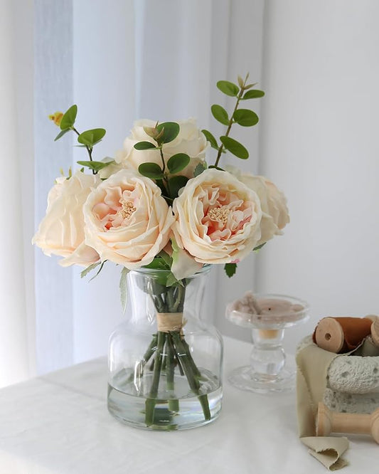 Lifelike Artificial Champagne Roses in Vase - Eternal Table Centerpiece for Dining Room & Kitchen Decor - Faux Flower Arrangement with Realistic Petals