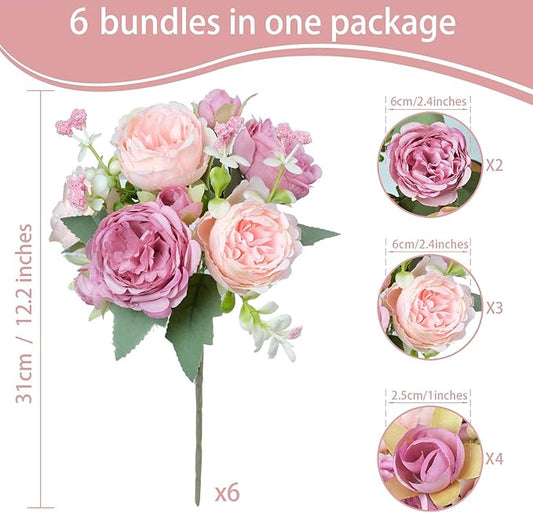 6 Pcs Peonies Artificial Flowers Bulk, Mixed Pink Silk Peonies Fake Bouquet for Floral Centerpieces,Red Realistic Faux Peony Flower for Flower Arrangements Wedding Decoration vase