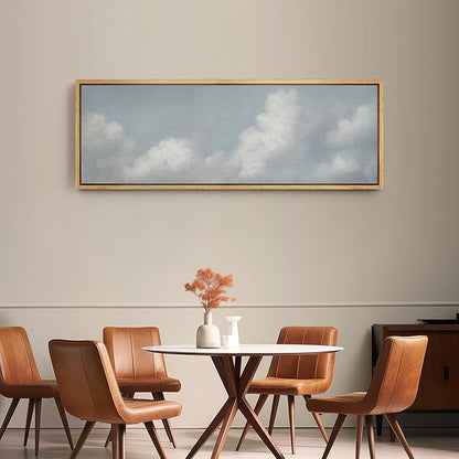 SIGNFORD Large Framed Canvas Print Wall Art Blue Sky with Fluffy Clouds Tranquil Minimal Sky Scene Illustrations Modern Art Relax/Calm Warm for Living Room, Bedroom, Office - 60"x20"